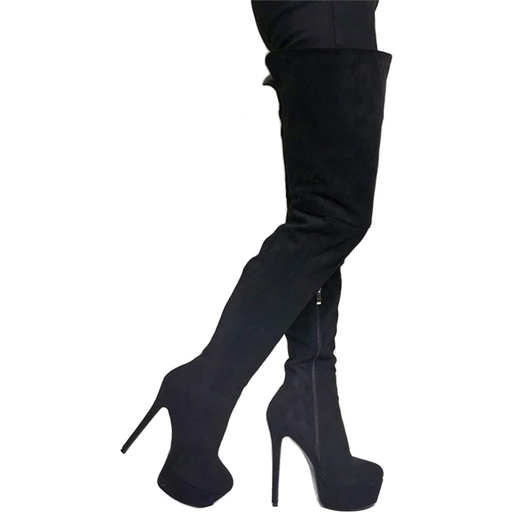 Damenmode Overknee-Stiefel aus schwarzem Wildleder sexy Plateau-Oberschenkelhohe Stiefel Fetisch-High-Heels Stripper-Club-Show Pumps-Schuhe shoes/Black/38EU