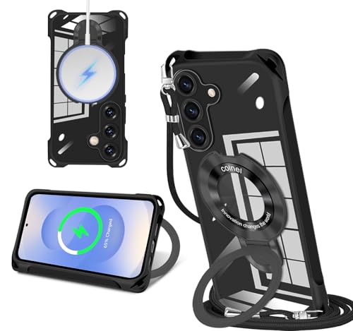 Samsung Galaxy S25 用 ケース MagSafe対応 TPU リング付き ネック ショルダー ア SC-51F 縄掛けケース 透明 肩掛け 斜めかけ 韓国 可愛い 縄掛け カバー 丸型スタンド付き 縦横両対応 耐衝撃 ストラップホール付き あいほん ギャラクシー s25 SCG31 スマホケース 滑り止め 全面保護