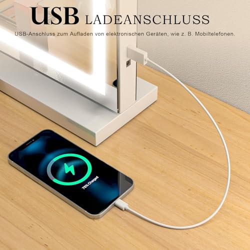 baklon Espejo de Maquillaje con iluminación, Espejo de Hollywood con luz LED, Regulable, Espejo de Maquillaje, 3 Modos, 58 x 43 cm, Espejo de Mesa con USB 10 aumentos, para Dormitorio y tocador - imagen 4