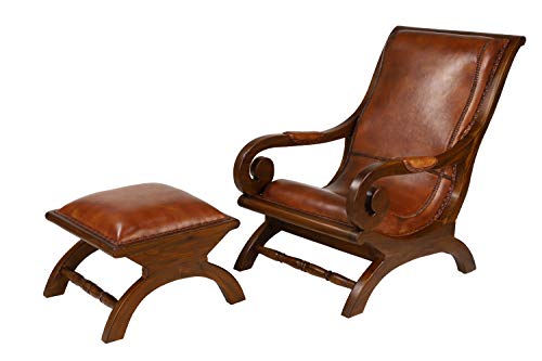 Deco 79 Teak Wood Upholstered Leather Accent Chair With Ottoman With Scrollwork And High Back, Set Of 2 36", 16"H, Brown #TOP1