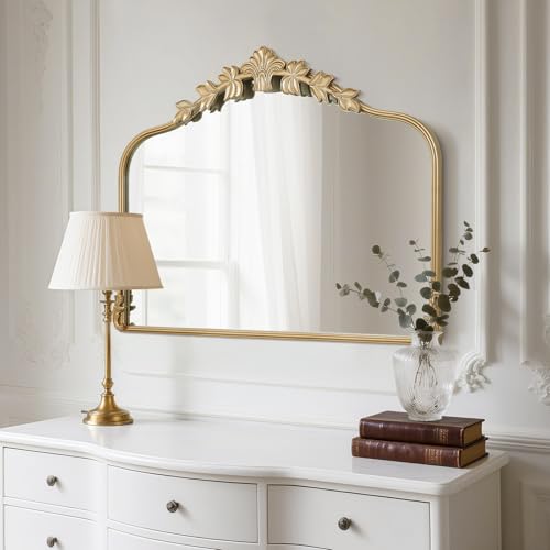 Image of WallBeyond Gold Antique Mirror for Vanity 32x24 Inch, Gold Vintage Mirror with Ornate Frame, Arched Vintage Wall for Bathroom, Living Room, Fireplace