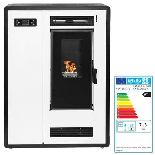 EIDER BIOMASA – Estufa de Pellets Estrecha Canalizable 8 kW – Ultra Compacta 91x24x93 cm – Calienta hasta 150 m³ – Tolva 13 kg – Cristal Limpio – Programable – Clase A+