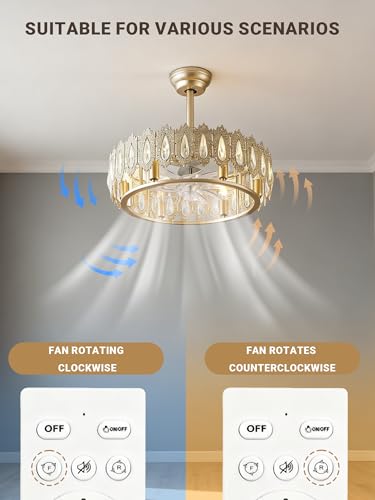 Image of 20 inch Gold Crystal Fandelier Ceiling Fan with Light Caged Mid Century | Crystal Chandelier Ceiling Fans with Remote 6 Speed for Living Room Bedroom Dining Room E12*6