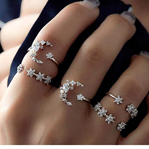 Eollan Boho Ring Set Silver Rhinestone Joint Knuckle Rings Moon star Mid Stacking Finger Ring jewelry for Women and Girls?5PCS?