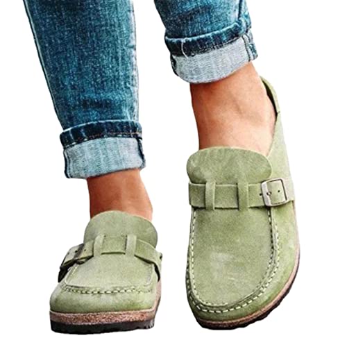 BIUBIULOVE Halbe Hausschuhe Für Damen, Echtleder-Kork-Fußbett-Clogs, Modische, Einfarbige, Flache, Bequeme Pantoletten Zum Hineinschlüpfen, Pantoletten Mit Fußgewölbeunterstützung (Grün,40)