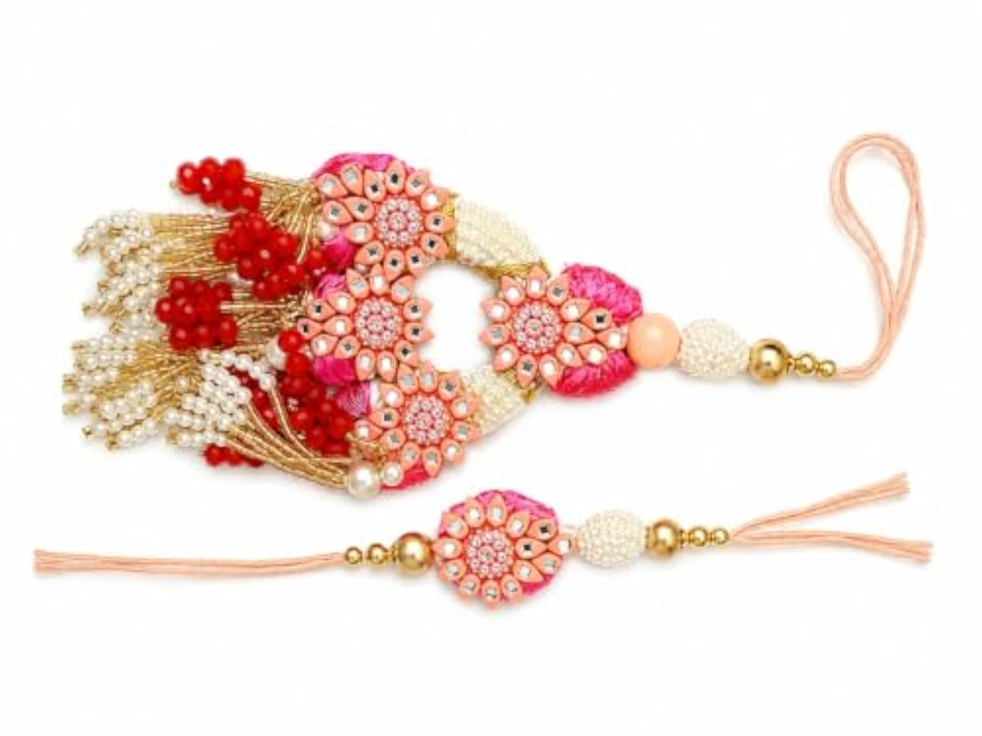 Handmade Floral Mirror Work Rakhi with Pearl Beads
