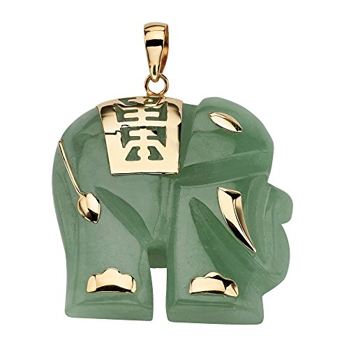 10K Yellow Gold Genuine Green or Black Jade or Mother of Pearl Good Luck Elephant Charm Pendant (33mm)