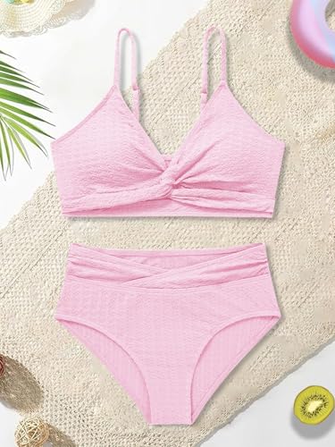 Girls Swimsuit Solid Bathing Suit 2 Piece Twist Cross Adjustable Straps Soft Lining Bikini for Teen Girls with Chest Pad2