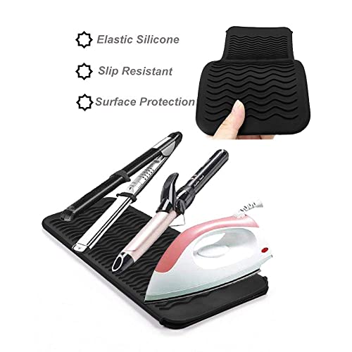 Curling Iron Mat, Heat Resistant Silicone Pouch With Styling Glove For Hair Straightener, Flat Irons, 8.7” X 5.2” Silicone Bump Glove, 11” X 6” Food Grade Silicone Mat Pouch, Black #TOP2