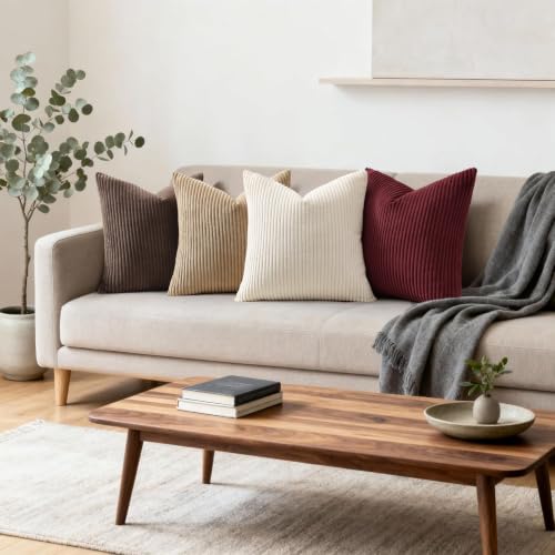 Image of Mecatny Corduroy Fall Decorative Throw Pillow Covers 24x24 Set of 2 for Sofa Living Room, Soft Neutral Boho Couch Pillow Covers for Home Decor, Burgundy