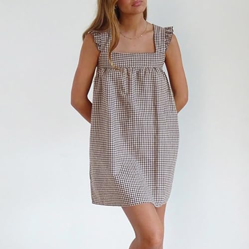 Image of NUFIWI Y2K Ruffle Hem Babydoll Mini Dresses Square Neck Spaghetti Strap Short Dresses Boho Flowy Patchwork Sundress Vocation