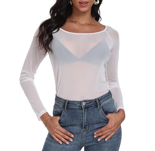 Womens Mesh Tops Long Sleeve Sheer Shirts Fitted Crewneck See Through Sexy Top Clubwear Party Club Night Blouses, White, M