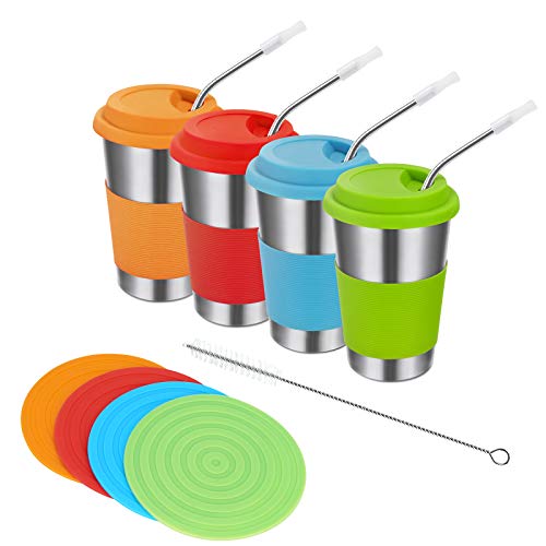 Lifecapido Stainless Steel Cups, Metal Drinking Cups with Lids and Straws, 4 Pack Metal Drinking Tumblers Sippy Cup for Adults, Stackable Metal Drinking Glasses for Indoor and Outdoor(16oz, Colorful)