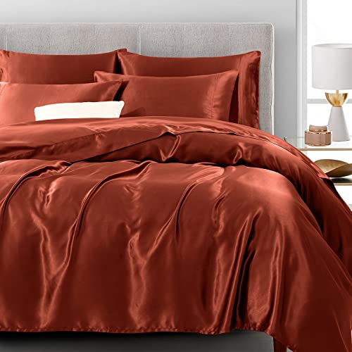 Treely Satin King Bed Sheets 6 Piece,Hotel Luxury Silky King Sheet Set With Deep Pocket,Fitted Sheet - Orange Rust King Sheets,1 Flat Sheet,4 Satin Pillowcase - Soft And Breathable #TOP1
