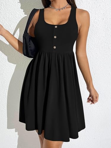 Image of BeadChica Women's Summer Tank Dress Sleeveless Scoop Neck Button-Down Sundress Cute Ruffle Hem Swing Mini A-Line Dress