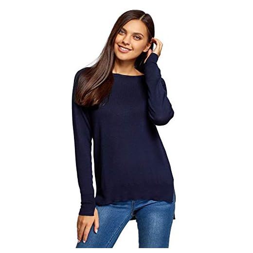 oodji Ultra Mujer Jersey Recto con Cuello Barco, Azul, ES 38 / S