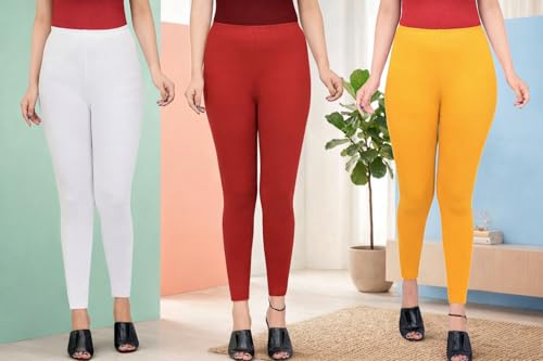 Image of Women Ankle Length Leggings Combo Multicolour Stretchable Cotton Yoga Gym Workout Pants Lyra Jeggings Casual Slim Fit