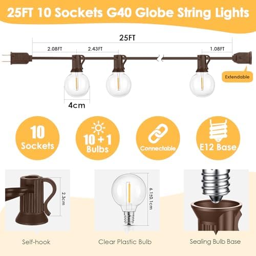 Mlambert 25FT G40 LED Outdoor String Lights with 10+1 Bulbs, Plug-in, Brown - 5