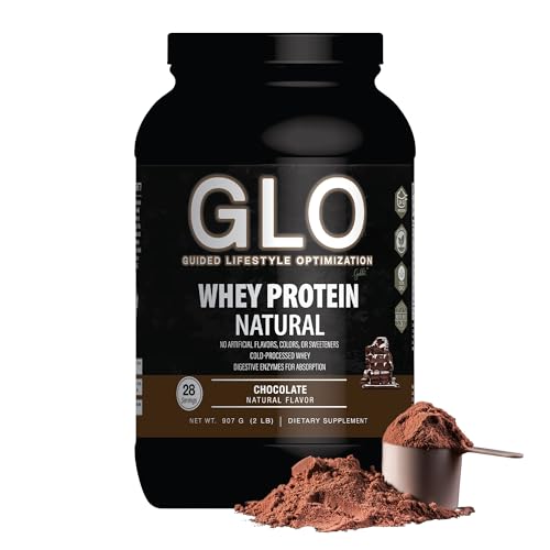GLO Health Foods Cold Processed Whey Protein - Chocolate Flavor - 24g Protein per Serving - Whey with Digestive Enzymes & BCAAs - Supports Muscle Growth Strength & Recovery - 2 LB (28 Servings)