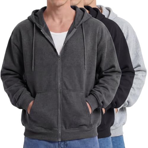 Taiyin 3 Pack Men's Lightweight Fleece Pullover Hoodie Full Zip up Hoodie Crewneck Sweatshirt Long Sleeve for Men