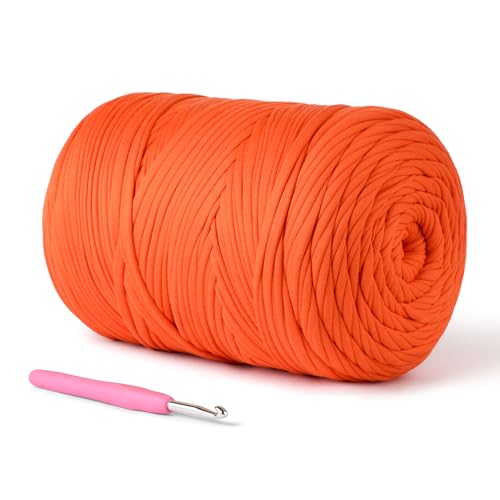 Image of (800g /228yds) T Shirt Yarn, Soft Tshirt Crochet Yarn for Crafts and DIY Knitting Crocheting Cloth /Bag /Basket /Coaster, 100% Polyeste Elastic Fabric Chunky Thick Yarns for Crocheting (Orange)