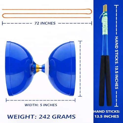 Flight Pro Diabolo Chinese Yoyo Skill Toy Triple Bearing Toy, with Carbon Fiber Sticks, Extra String & Net Bag - Medium Size 5” Blue