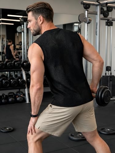 Image of GRECIILOOKS Sleeveless T Shirts for Men | Round Neck Textured Tshirt for Men in Premium Jacquard Knit | Gym Tank Top Mens Style with Stretch Comfort | Casual Streetwear Layering Tee