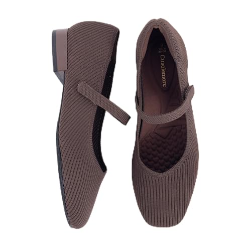 Women's Mary Jane Flats with Arch Support, Square Toe Ballet Flats, Comfortable Knit Dress Shoe
