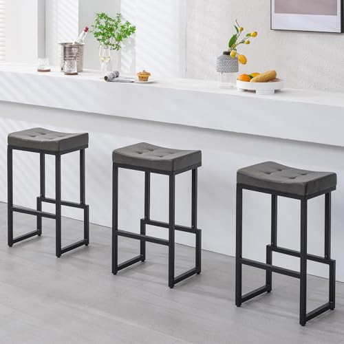 Image of FIRAVOE 28 inch Bar Stools Set of 3, PU Leather Backless Saddle Bar Stools