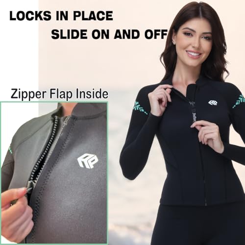 Chaqueta top de traje de neopreno para mujer para natación en agua fría, buceo, esnórquel y surf con cierre frontal y manga larga miniatura 2