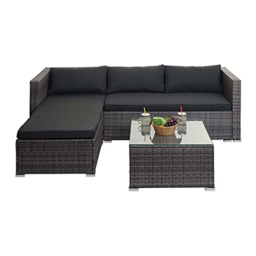 Mendler Poly-Rattan Garnitur HWC-F57, Balkon-/Garten-/Lounge-Set Sofa Sitzgruppe - grau, Kissen dunkelgrau ohne Deko… – Bild 3