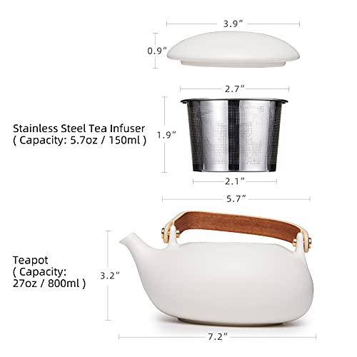 Zens Teapot With Infuser,Matte Ceramic Japanese Tea Pot For Loose Leaf Tea, 27 Ounces Porcelain Teapots White For Women Gift With Modern Bentwood Handle, 800Ml #TOP2