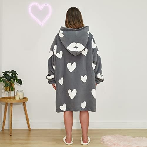 Dreamscene Unisex's Wearable Blanket, Oversized Fleece, Heart Print, Charcoal Hoodie