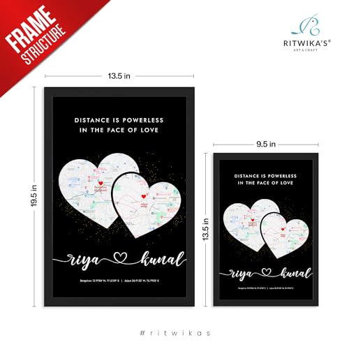 Image of Ritwika's Personalized Picture Frame With Long Distance Map Black - Customize With Your Name, Message And Place | For Couples and Friends | In Two Size 9.5 x 13.5 & 13.5 x 19.5 Inch, Set of 1