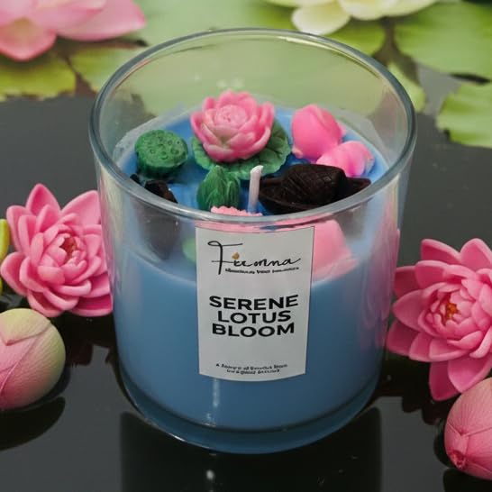 Image of Serene Lotus Pond Scented Jar Candle | 200gm Soy Wax with Lotus, Leaves & Boat Topper | Calming Rose Fragrance | Unique Christmas Gift, Home Decor for Peace & Meditation