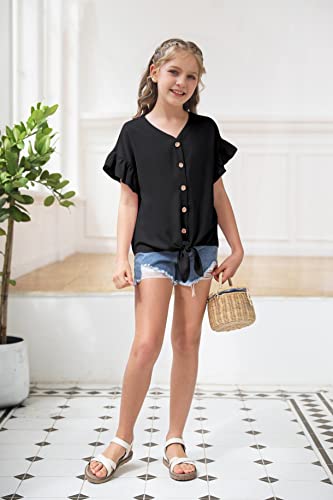 Girls Short Sleeve Shirts V Neck Ruffle Tie Front Knot Tops Button Cute Tunic Shirts Blouse Black #TOP3