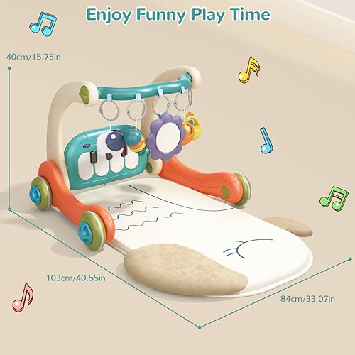 Hitish 3 in 1 Baby Play Mat Gym, Kick and Play Piano Gym with Music Light, Activity Tummy Time Play mat with 5 Learning Sensory Toys, Infant Gifts for Newborn Baby Toddler 0-14 Months