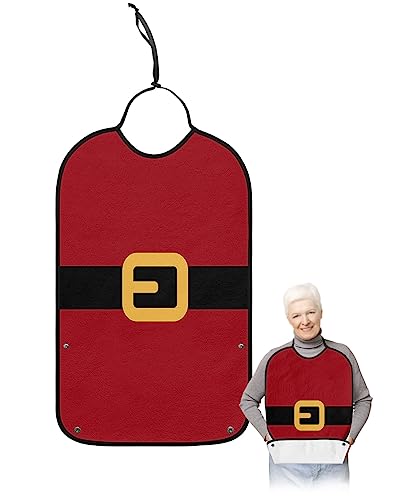 Christmas Santa Adult Bibs for Eating, Waterproof Bibs with Food Catcher & Adjustable Snap Closure, Black Golden Belt Red Backdrop Washable Clothing Protectors Adult Bibs for Elderly Women/Men