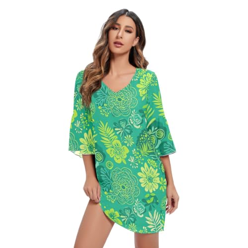 Robe trapèze mousseline de soie à motif floral tropical vert et col en V