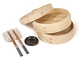 SIUMUN Natural Bamboo Steamer Set - 10' - Handmade Cookware, 2-Tier Basket Included 2 Pair of Chopsticks, 2 Cotton Liners & Sauce Dish
