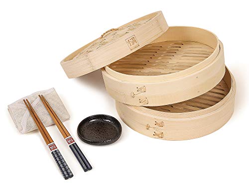 SIUMUN Natural Bamboo Steamer Set - 10 - Handmade Cookware 2-Tier Basket Included 2 Pair of Chopsticks 2 Cotton Liners Sauce Dish