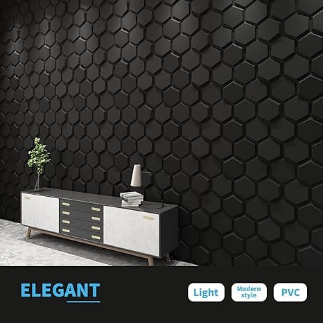 Image of Kayra Decor 3D PVC Wall Panel Black Textures Hexagon Design Pack of 12 (19.7 inch X 19.7 inch Covers 32.28 Sq. ft.) PVC Panel for Home Kitchen Studio Saloon Living Room Gaming Room and Office Decor