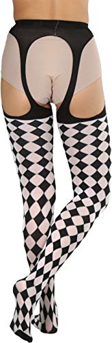 Image of ToBeInStyle Women's Harlequin Checkered Diamond Optical Illusion Opaque Tights Pantyhose - Black & White