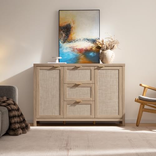 SICOTAS 52" Larger Sideboard Buffet Coffee Bar Cabinet with Storage - Farmhouse Rattan Credenza Storage Cabinet with 3 Drawers and 2 Doors, Boho Console Table for Living Room, Kitchen, Light Oak - Thumbnail 2