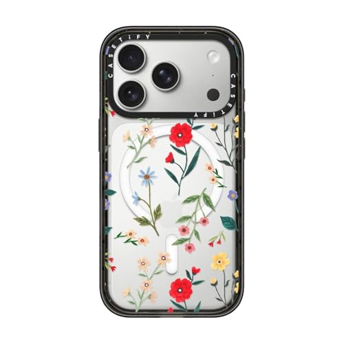 Coque iPhone Pro CASETiFY Impact MagSafe transparente noire motif floral