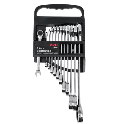 ZKH 12-Piece Ratcheting Wrench Set – SAE Sizes 1/4'-15/16', Ideal Ratchet Combination Wrenches Set with Quick Access Organizer for Professional Mechanics and DIY Enthusiasts