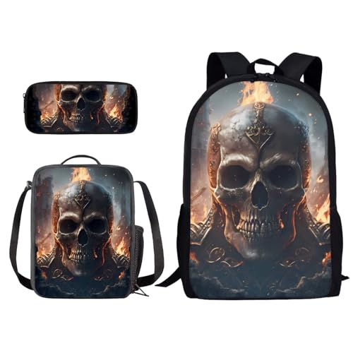 Set zaino e borsa per il pranzo per bambini per la scuola per ragazzi e leggera 3 in 1 Teschio e fuoco Taglia unica