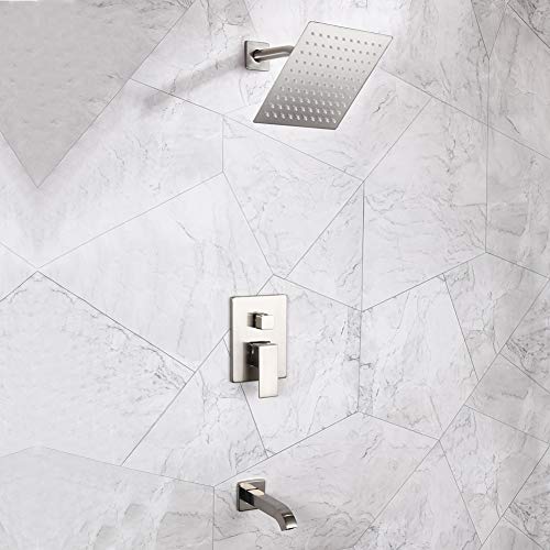 POP Shower Faucet Set with Tub Spout Brushed Nickel Bathroom Luxury Rain Mixer Shower System Wall Mounted Rainfall Shower Combo Set, Single Handle Tub and Shower Trim Kit with Rough-in Valve