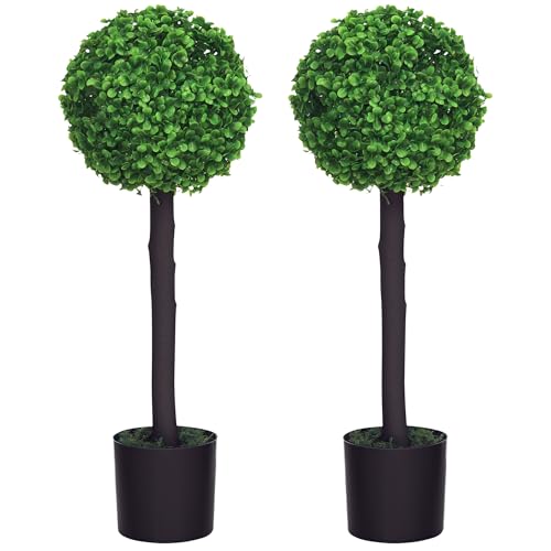 HOMCOM Set of 2 Decorative Artificial Plants Boxwood Ball Trees in Pot Fake Plants for Home Indoor Outdoor Decor, 60cm