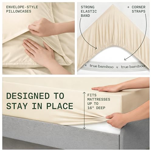 Image of TRUE BAMBOO Sheets Set California King Size - Silky Soft Luxe 4 Piece Bed Sheets with Breathable & Moisture-Wicking Fabric - 16 inch Deep Pocket with Corner Straps